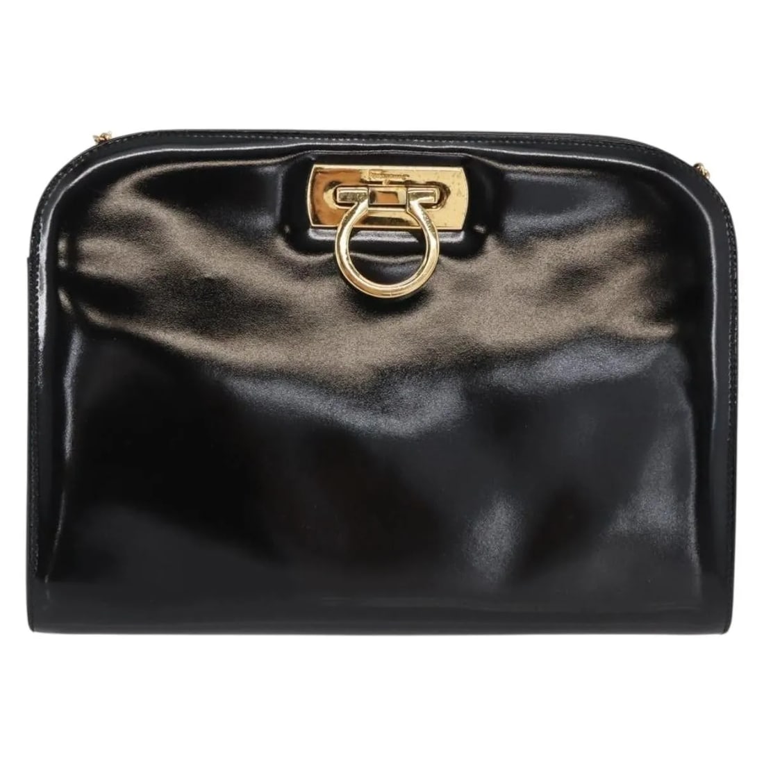 Black Patent Leather Shoulder Bag Salvatore Ferragamo Vintage Gancini Chain: Black Patent Leather Shoulder Bag Salvatore Ferragamo Vintage Gancini Chain This Salvatore Ferragamo Vintage Gancini Chain Shoulder Bag features a classic black patent leather exterior with signature 