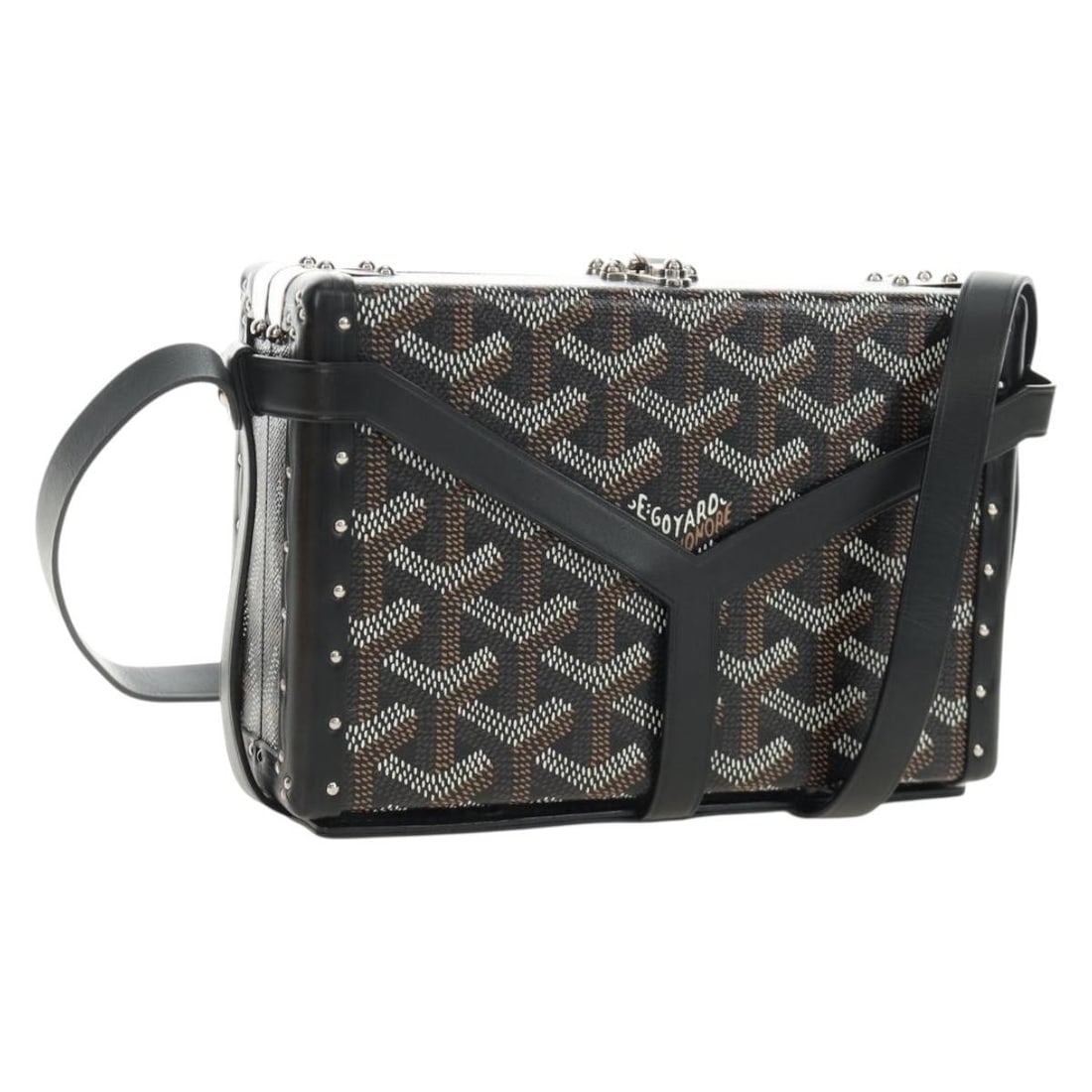 Goyard Minodiere Shoulder Bag Black Silver PVC Leather France: Goyard Minodiere Shoulder Bag Black Silver PVC Leather France A Goyard Herringbone Minodiere Trunk Bag in black and silver PVC leather, presented as a shoulder bag for women. It measures approximately