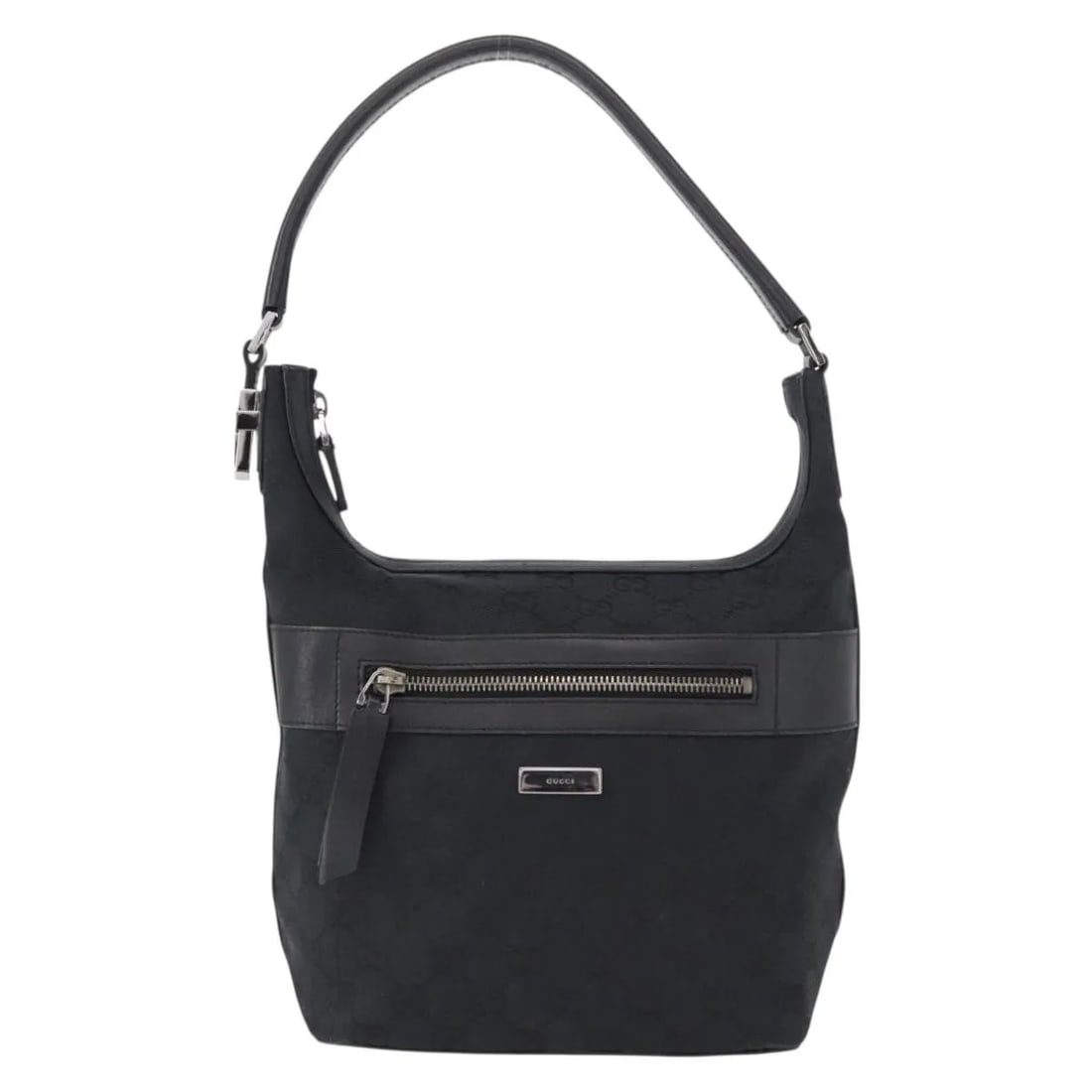 Gucci Vintage Black Canvas Shoulder Bag with Leather Trim: Gucci Vintage Black Canvas Shoulder Bag with Leather Trim This Gucci vintage shoulder bag for women features the classic GG canvas with black leather accents. Crafted in Italy, it offers a compact des
