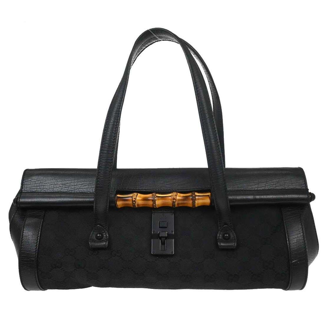 Gucci Bamboo medium black leather GG handbag model 111715 1705: Gucci Bamboo medium black leather GG handbag model 111715 1705 Vintage Gucci Bamboo handbag in black with the Gucci GG pattern. This women's medium handbag is made in Italy and features canvas, leathe