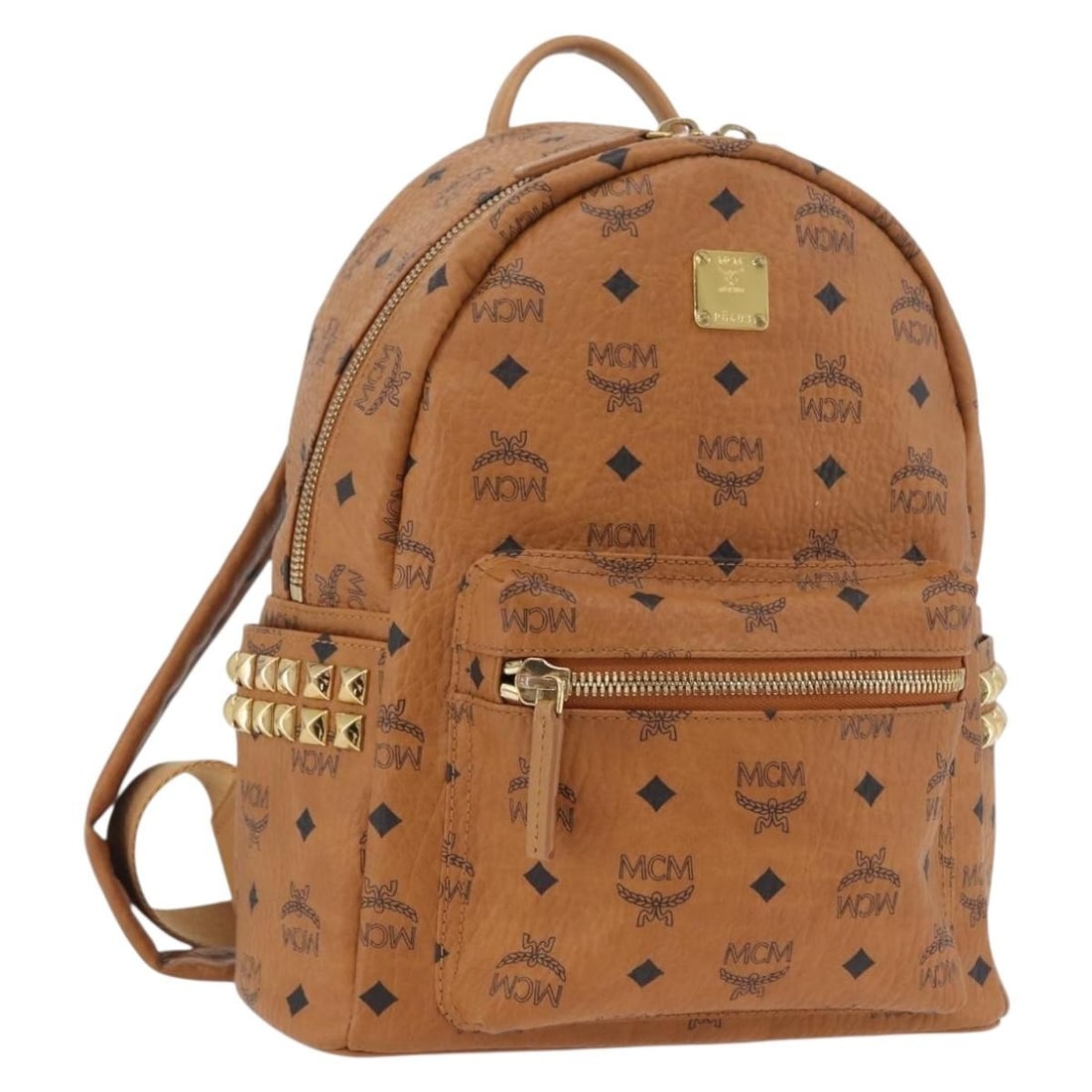 MCM Vicetos Backpack Brown Gold PVC Leather: MCM Vicetos Backpack Brown Gold PVC Leather MCM Vicetos Logogram backpack in brown and gold PVC leather. This women's backpack is made in Korea and features a 12.2 inch height, 10.2 inch length, and 4