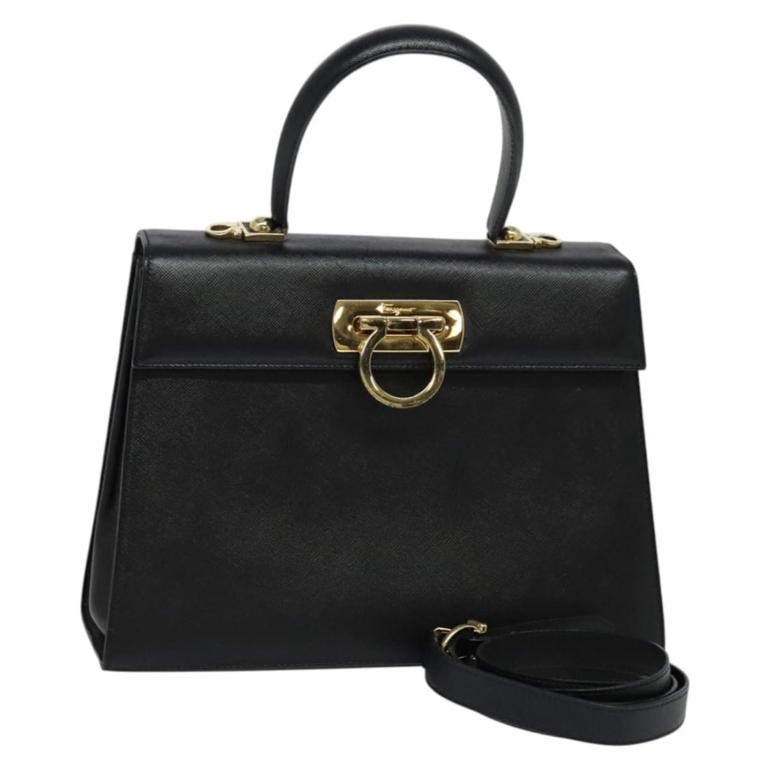 Salvatore Ferragamo Gancini 2way Leather Handbag Black Gold Strap: Salvatore Ferragamo Gancini 2way Leather Handbag Black Gold Strap Salvatore Ferragamo Gancini hand bag in black and gold leather with a 2-way design. It includes a shoulder strap and was made in Italy
