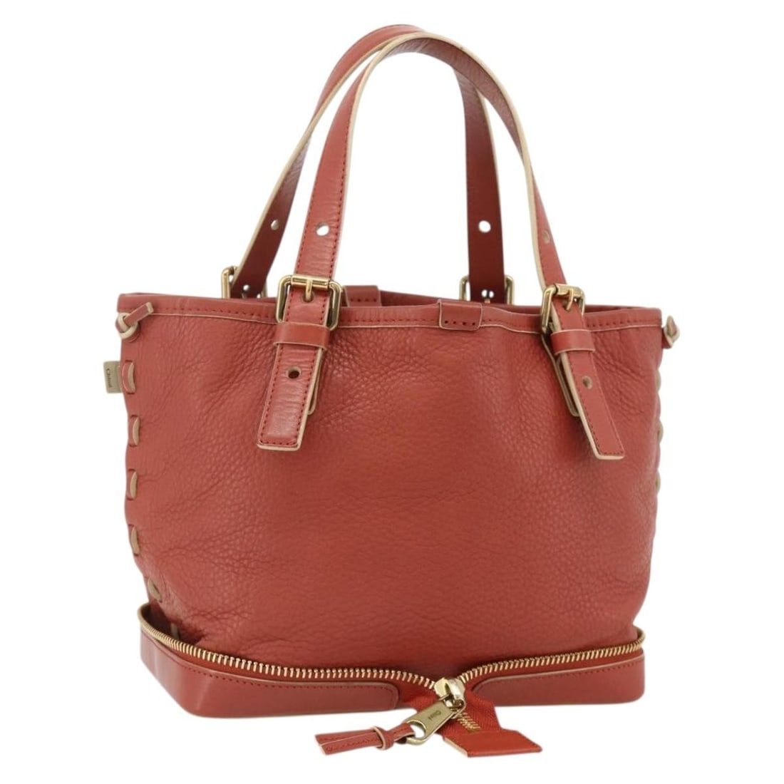 Chloe Ellen Red Leather Handbag Gold Tone BA12010A: Chloe Ellen Red Leather Handbag Gold Tone BA12010A Chloe women's hand bag in red and gold leather, made in Bulgaria. It measures approximately 9.4 x 7.9 x 5.1 inches with a handle drop of about 5.5 in