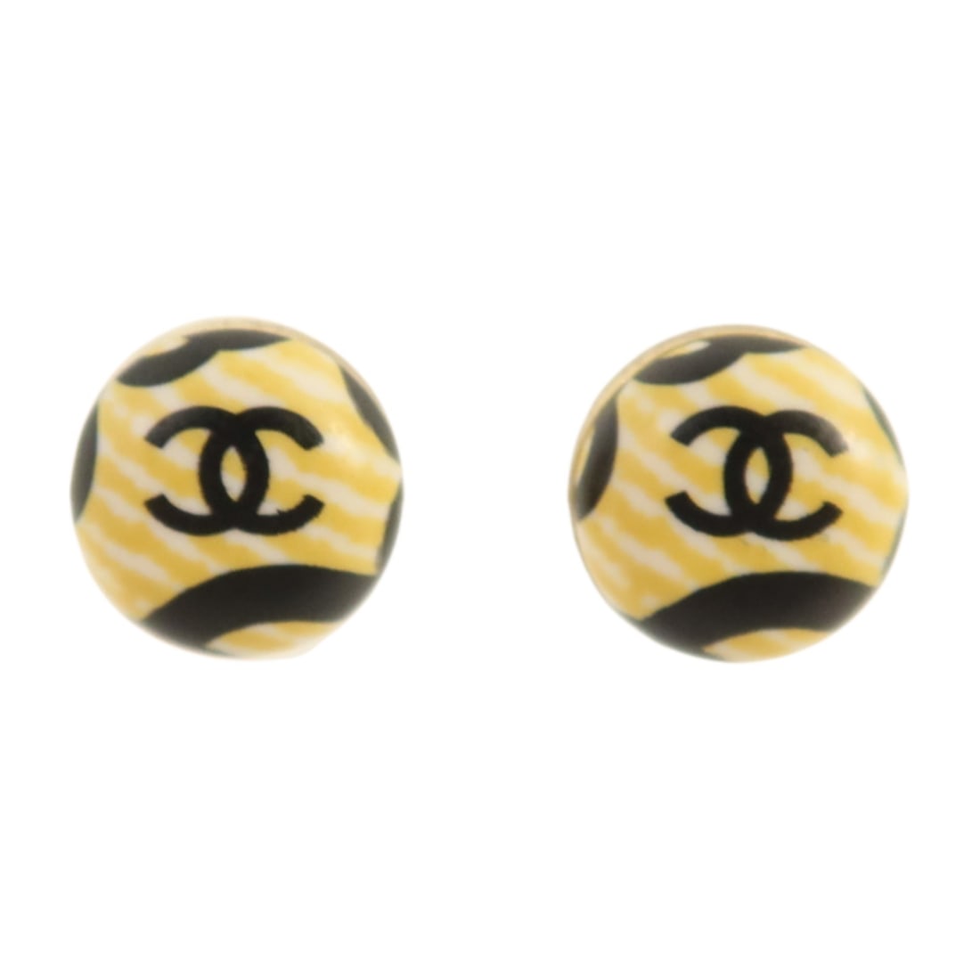 CHANEL 02P CC Pierced Earrings PVC Metal Yellow Black Silver: CHANEL 02P CC Pierced Earrings PVC Metal Yellow Black Silver CHANEL pierced earrings in metal and PVC, finished in silver, yellow, and black. The earrings are identified by date code 02P and are descr