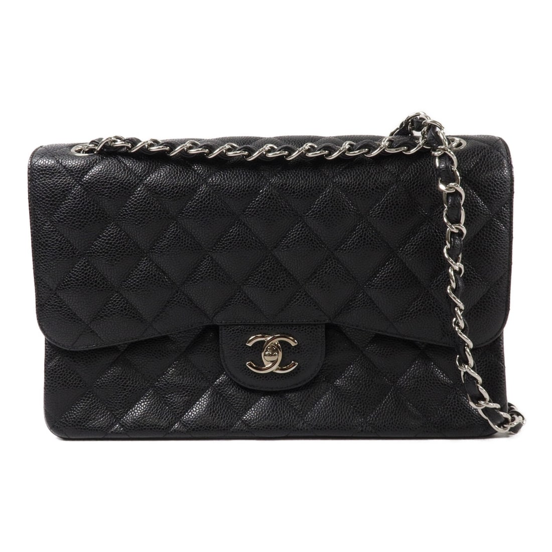 Chanel A58600 Large Classic Shoulder Bag Black Calfskin CC SHW: Chanel A58600 Large Classic Shoulder Bag Black Calfskin CC SHW A CHANEL large classic chain shoulder bag in black calfskin leather, model A58600. It features a turn lock closure, black frame color, an