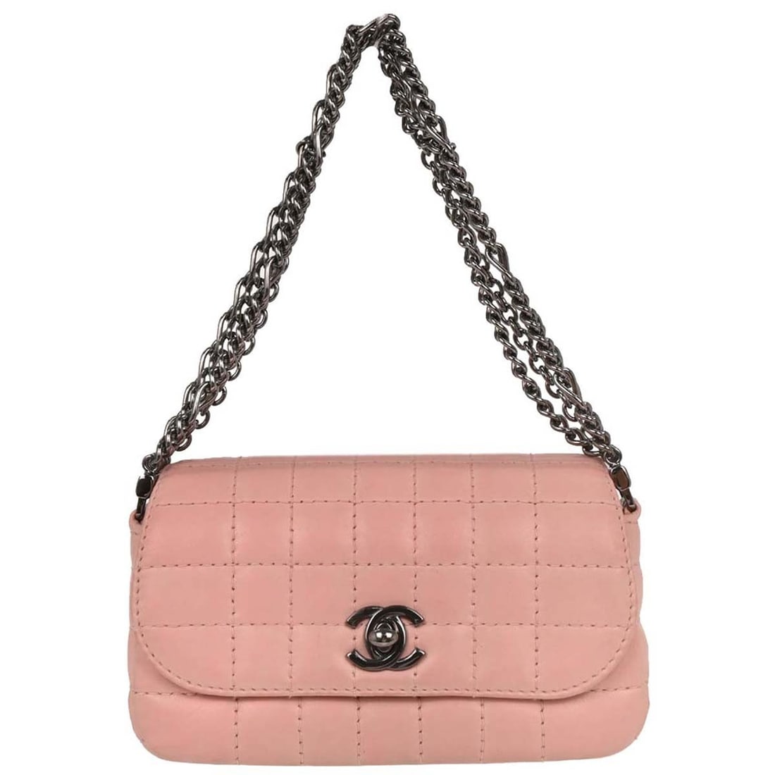 CHANEL Choco Bar Small Pink Lambskin Top Handle Bag: CHANEL Choco Bar Small Pink Lambskin Top Handle Bag Chanel Choco Bar top handle handbag in pink lambskin leather with a turn-lock closure. This small women's handbag is made in France and includes the