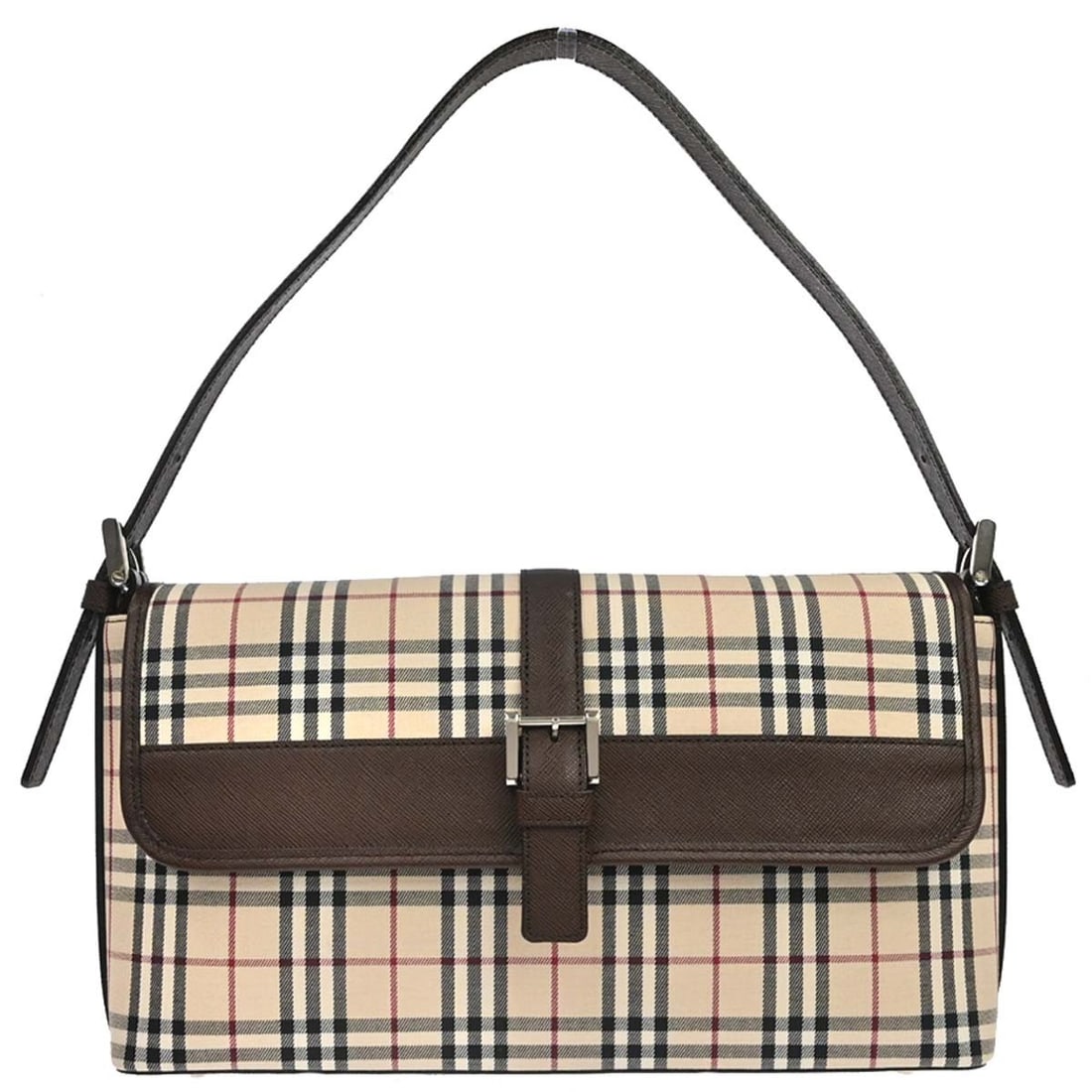 Burberry Check Top Handle Bag Beige Canvas Leather: Burberry Check Top Handle Bag Beige Canvas Leather Burberry Burberry Check handbag in beige canvas and leather with brown leather top handles and silver-tone hardware. This medium top handle bag featu