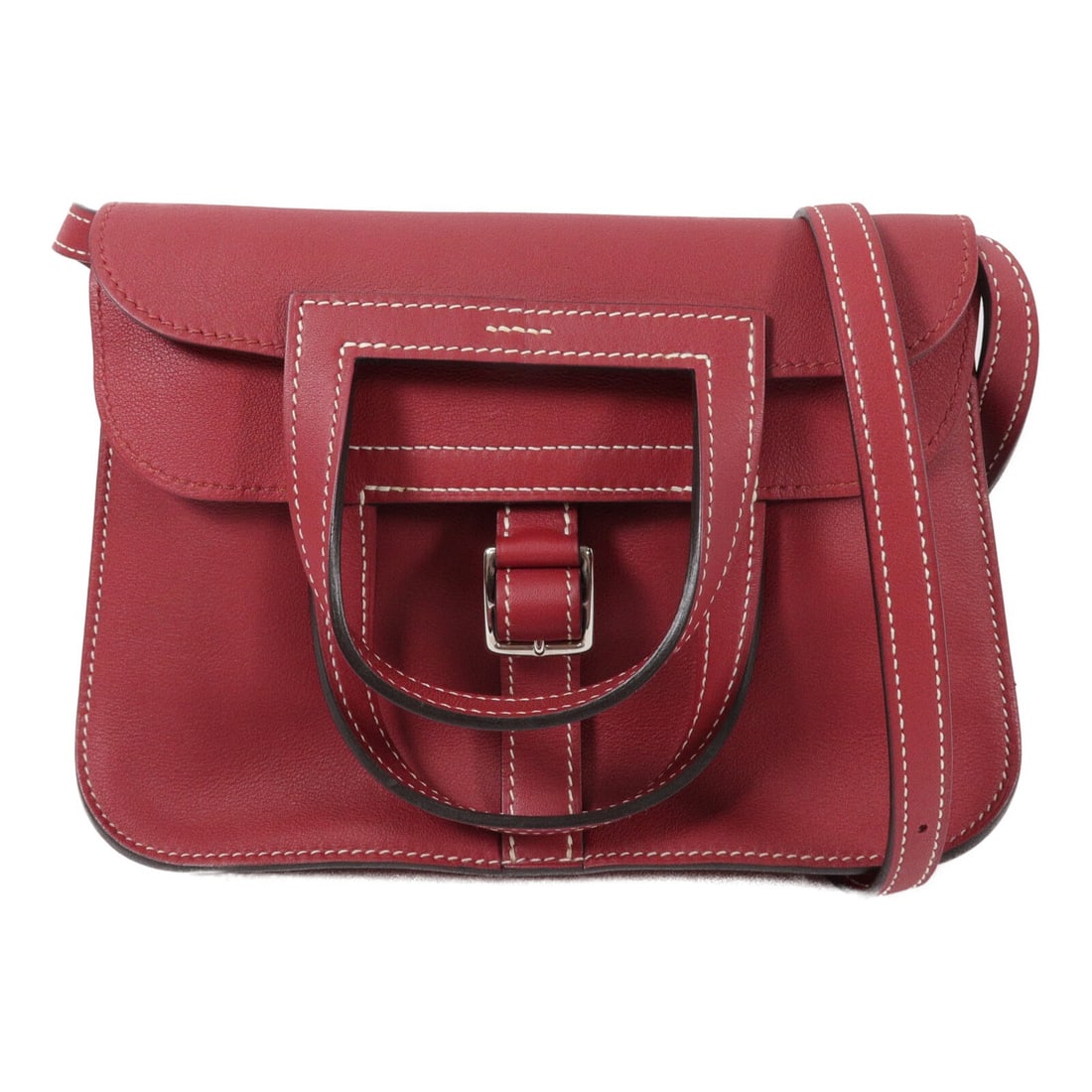 Hermes Mini Halzan 2 Way Shoulder Bag Rouge Grenat Vaux Swift PHW: Hermes Mini Halzan 2 Way Shoulder Bag Rouge Grenat Vaux Swift PHW Hermes Mini Halzan 2 Way Shoulder Bag in Rouge Grenat, made from Vaux Swift leather and calfskin (cowhide). This women's regular-size 