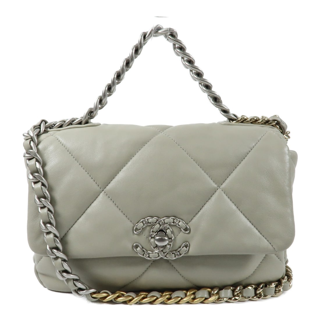 CHANEL AS1160 Chanel 19 lambskin 2 way shoulder bag gray: CHANEL AS1160 Chanel 19 lambskin 2 way shoulder bag gray A CHANEL 19 2-way shoulder bag in gray lambskin (sheep leather), presented in very good AB condition. It features a turn lock closure, an outsi