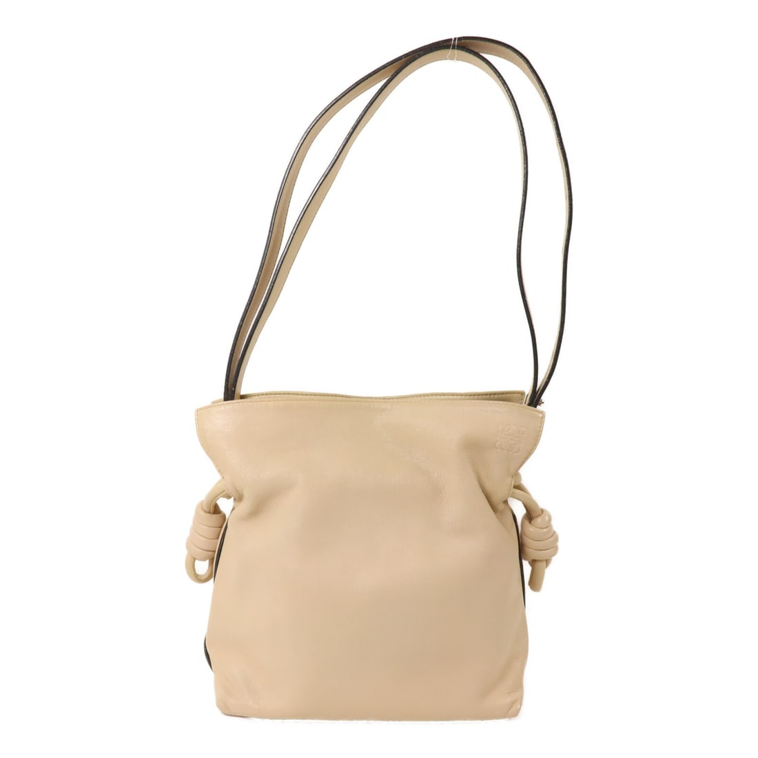 LOEWE Mini Flamenco Lambskin Shoulder Clutch Bag in Beige: LOEWE Mini Flamenco Lambskin Shoulder Clutch Bag in Beige A LOEWE Mini Flamenco clutch shoulder bag in beige lambskin (sheep leather). It features a shoulder strap and a magnetic pocket, with one insi