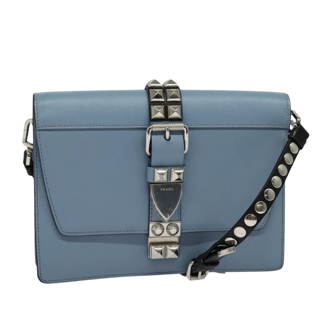 PRADA leather shoulder bag light blue with silver tone strap: PRADA leather shoulder bag light blue with silver tone strap Prada shoulder bag in light blue leather with silver-tone accents. Made in Italy, this women's bag includes a shoulder strap and shows reas