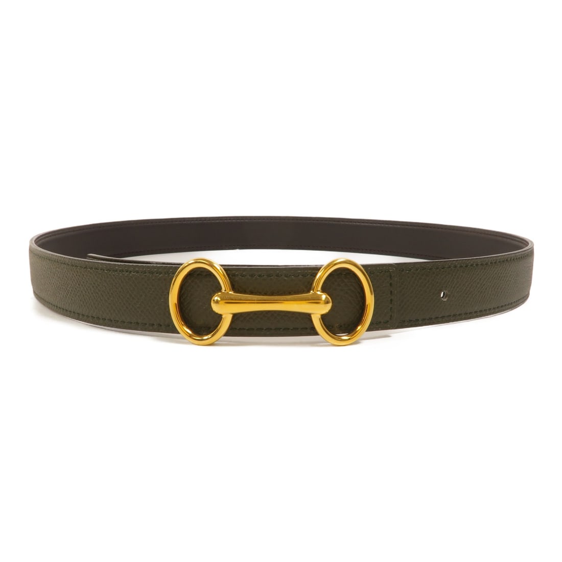 Hermes Heritage Belt 80cm Epsom Calfskin Green Brown GHW: Hermes Heritage Belt 80cm Epsom Calfskin Green Brown GHW A Hermes Heritage belt in green and brown, made with Epsom and calfskin leather. It measures 80 cm and features a 2.5 cm band width, with a wai