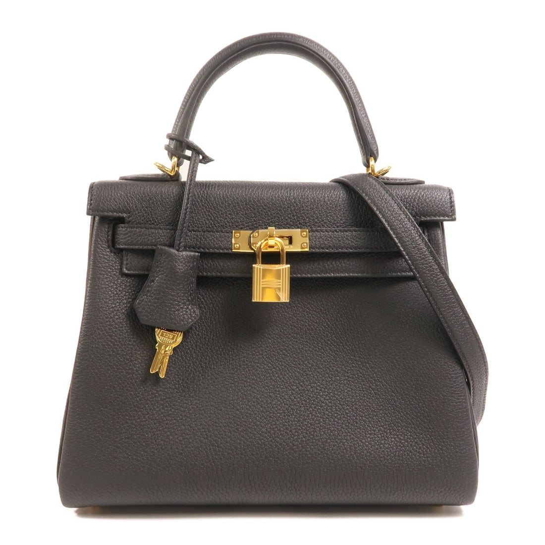 Hermes Kelly 25 Togo Leather 2 Way Bag Noir GHW: Hermes Kelly 25 Togo Leather 2 Way Bag Noir GHW A Hermes Kelly 25 2way shoulder bag in Noir black, crafted from Togo leather with calfskin (cowhide) details. It features a turn lock closure, a handle,