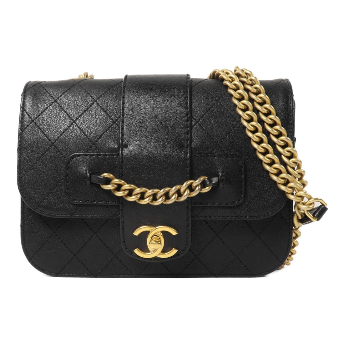 CHANEL Front Chain Flap Shoulder Bag Black Calfskin GHW: CHANEL Front Chain Flap Shoulder Bag Black Calfskin GHW A black CHANEL CC Front Chain Flap shoulder bag crafted from calfskin (cowhide). It features a turn-lock closure, one outside open pocket, one i