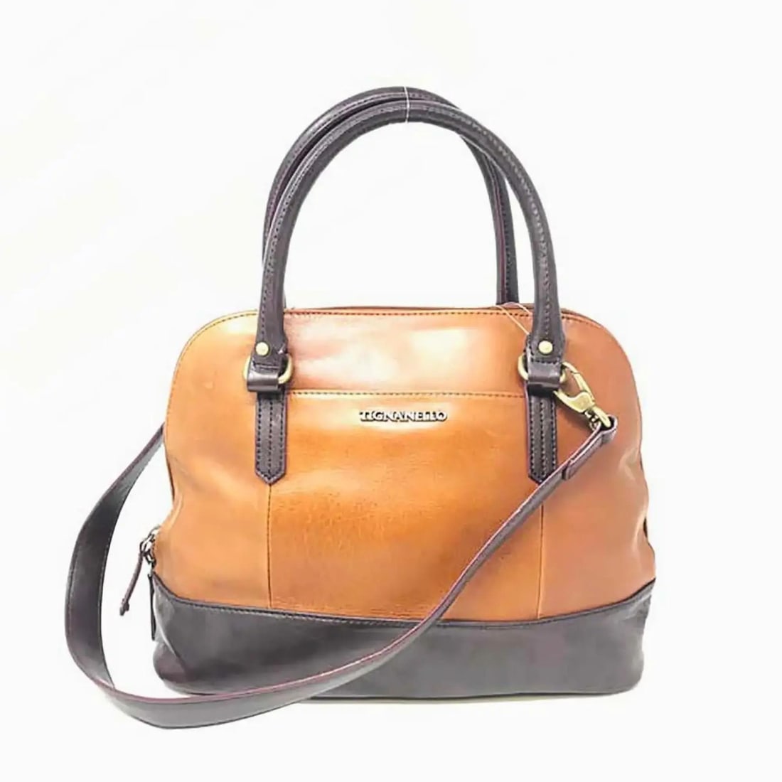 Tignanello A272258 women's leather satchel handbag RFID brown: Tignanello A272258 women's leather satchel handbag RFID brown Pre-owned women's satchel bag in walnut glazed vintage leather with a domed silhouette. This brown handbag features a top zip closure, two