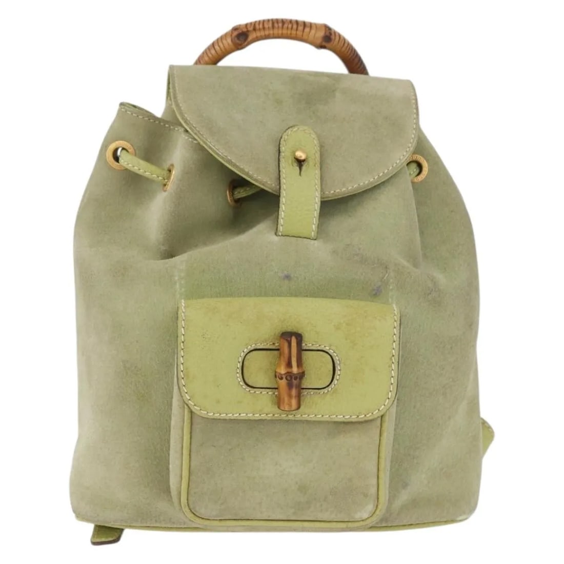 Gucci Bamboo Backpack Green Suede Womens Bag: Gucci Bamboo Backpack Green Suede Womens Bag This is a Gucci bamboo backpack crafted from green suede, designed for women. The bag shows signs of use, including rubbing, staining, and deformation on v