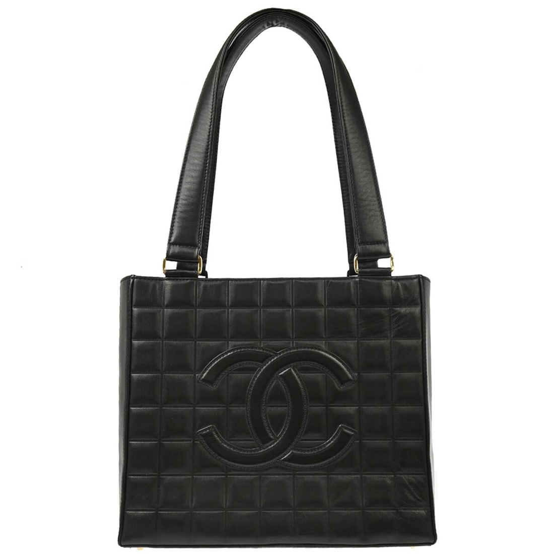 CHANEL Choco Bar Small Black Lambskin Top Handle Bag: CHANEL Choco Bar Small Black Lambskin Top Handle Bag Chanel Choco Bar handbag in black lambskin with a top handle and zip closure. The bag features a leather lining and inner pocket storage. It shows 
