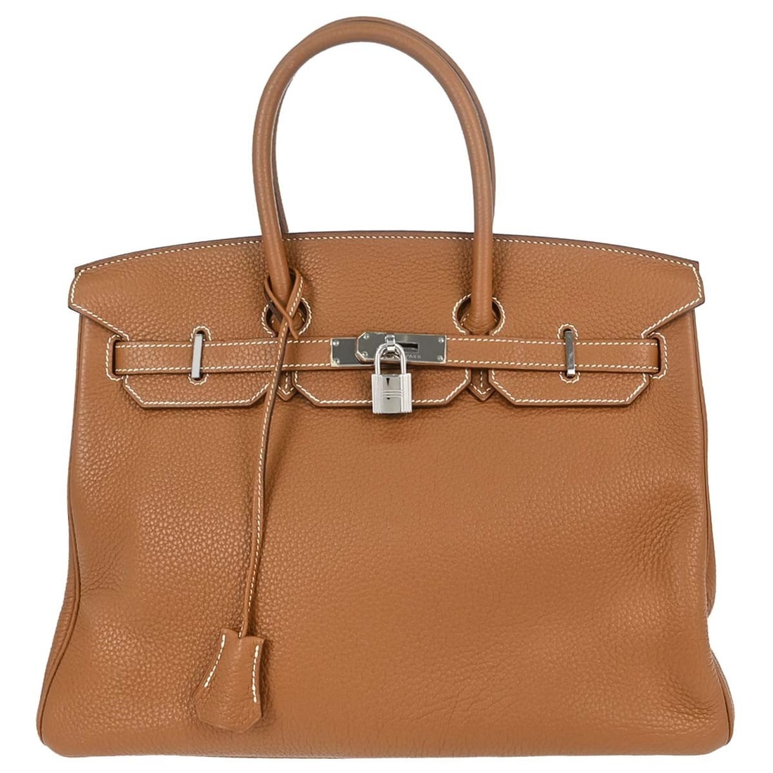 Hermes Birkin 35 Taurillon Clemence Leather Satchel Gold: Hermes Birkin 35 Taurillon Clemence Leather Satchel Gold Hermes Birkin 35 handbag in brown leather with a turnlock closure, double handles, and lock accent. It is a large satchel/top handle bag made i