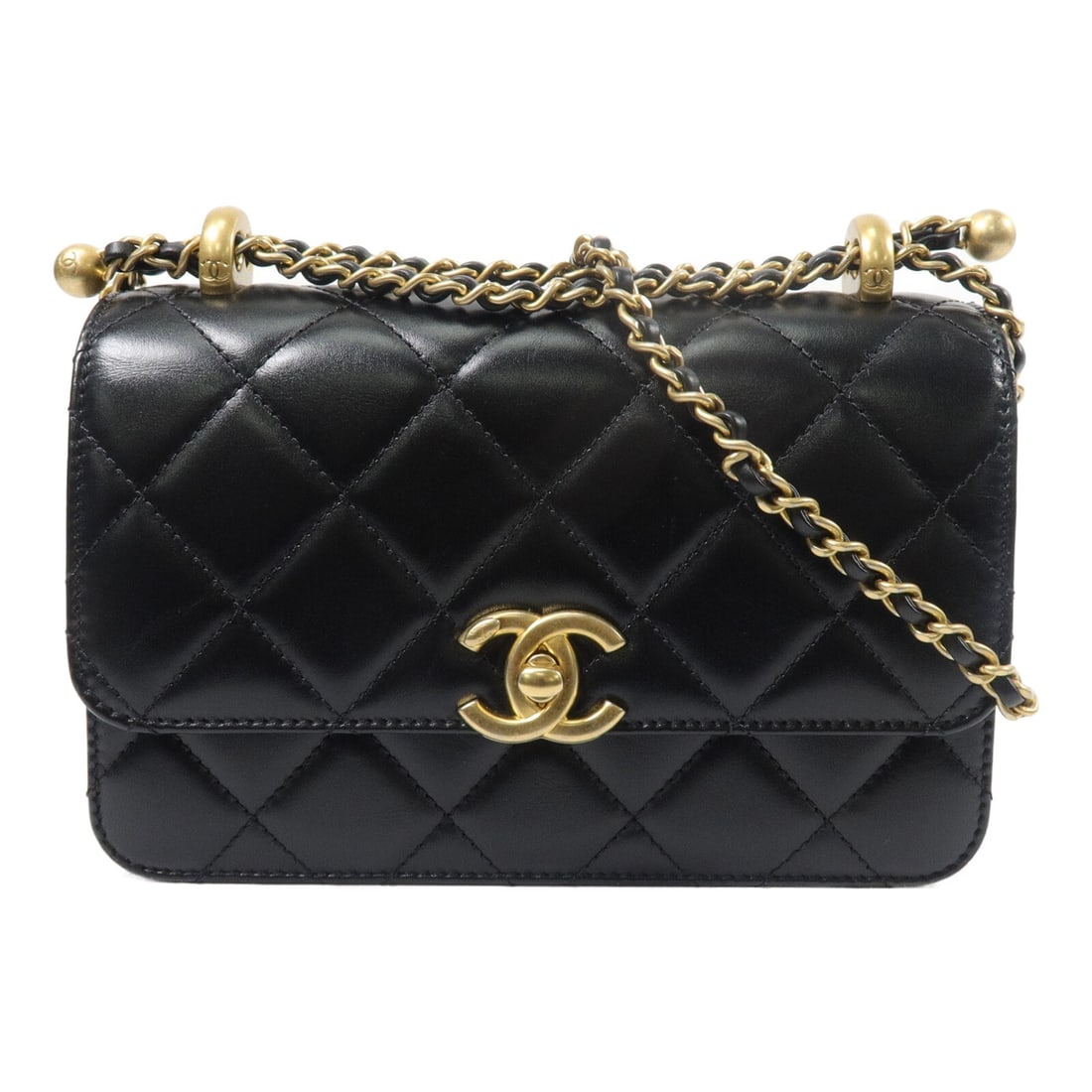 CHANEL AS2615 Mini Flap Shoulder Bag Black Calfskin CC GHW: CHANEL AS2615 Mini Flap Shoulder Bag Black Calfskin CC GHW A CHANEL mini flap chain shoulder bag in black calfskin leather with gold-tone hardware. It features a turn lock closure, one open inside poc