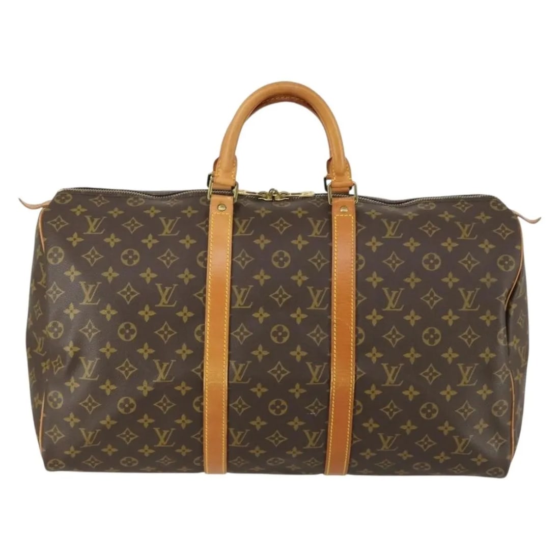 Keepall Travel Bag by Louis Vuitton in Monogram Canvas: Keepall Travel Bag by Louis Vuitton in Monogram Canvas This Louis Vuitton Keepall bag features the iconic Monogram canvas in brown. Designed for unisex use, the bag has noticeable signs of wear, inclu