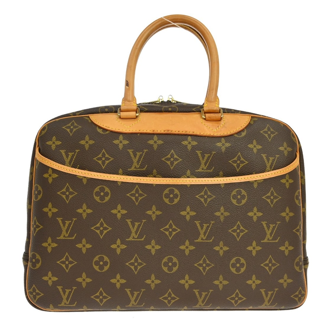 Louis Vuitton Deauville Monogram Canvas Vanity Hand Bag M47270: Louis Vuitton Deauville Monogram Canvas Vanity Hand Bag M47270 Vintage Louis Vuitton Deauville Bowling Vanity handbag in brown Monogram canvas with leather trim and double handles. This zip-top handba