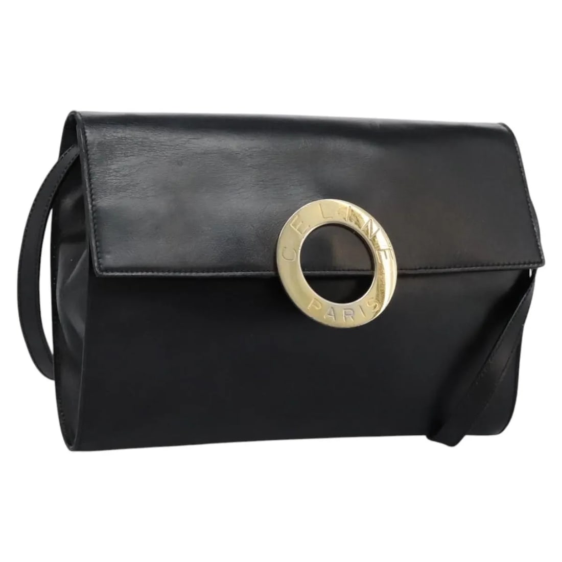 Celine Vintage Circle Logo Black Leather Shoulder Bag: Celine Vintage Circle Logo Black Leather Shoulder Bag This Celine Vintage Circle Logo Crossbody Bag is crafted from black leather and features the iconic circle logo design. Designed for women, it off