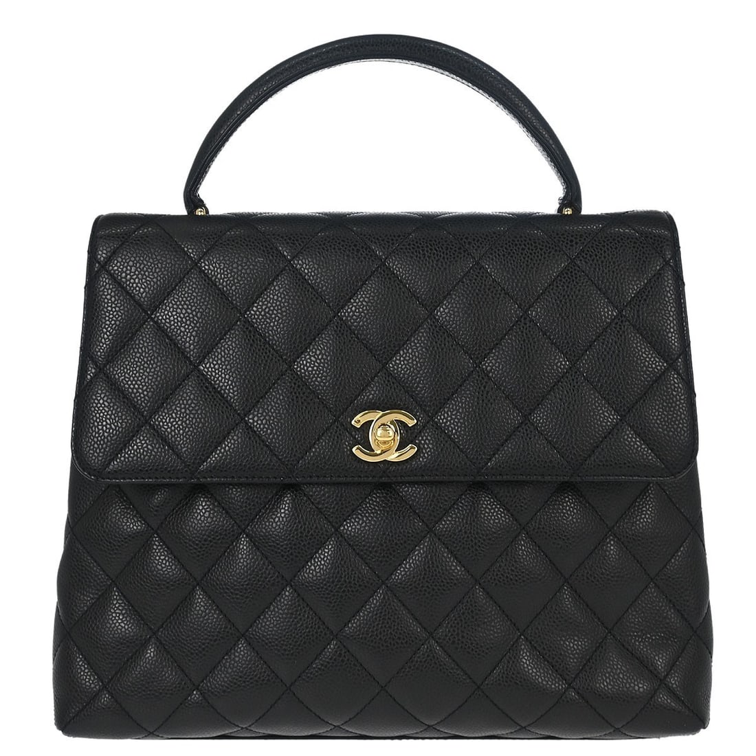 CHANEL Quilted Straight Flap Handbag Black Caviar Leather: CHANEL Quilted Straight Flap Handbag Black Caviar Leather Chanel Straight Flap handbag in black caviar skin leather with a matelasse pattern and turn-lock closure. This medium handbag features a black
