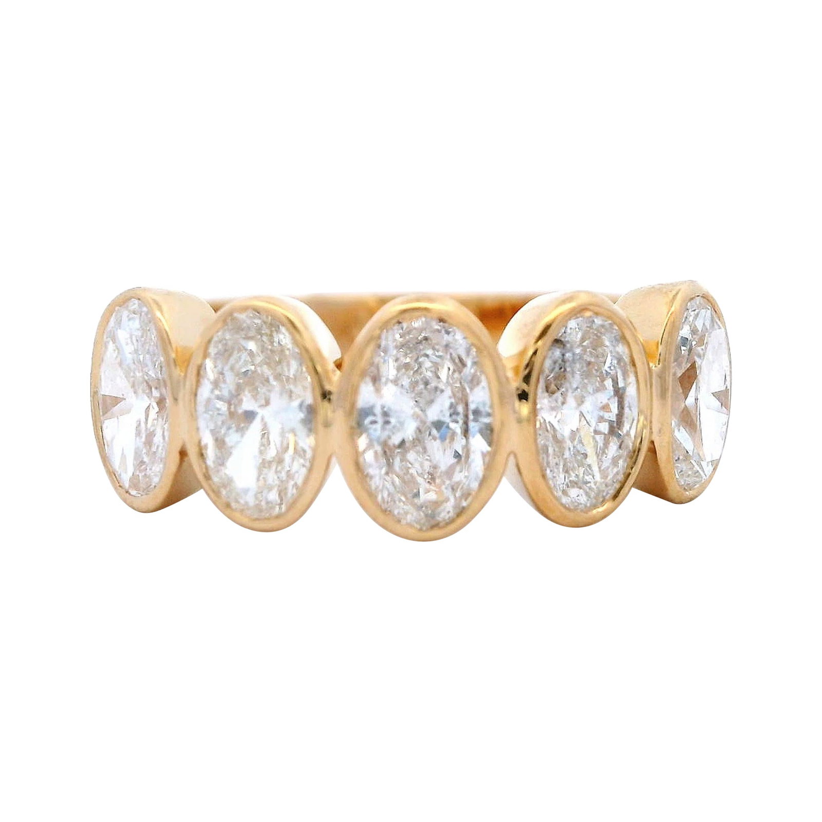 1.69ct Oval Diamond Eternity Band in 18k Yellow Gold: 1.69ct Oval Diamond Eternity Band in 18k Yellow Gold This exquisite 1.69ct Oval Diamond Half Eternity Band is crafted in luxurious 18k yellow gold, showcasing a stunning array of five oval cut diamond
