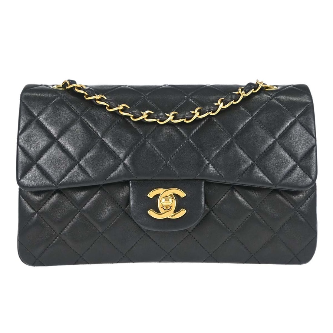 CHANEL Classic Double Flap Small Black Lambskin Shoulder Bag: CHANEL Classic Double Flap Small Black Lambskin Shoulder Bag Chanel Small Classic Double Flap shoulder bag in black lambskin with matelasse quilting, a flap turnlock closure, and chain shoulder strap.