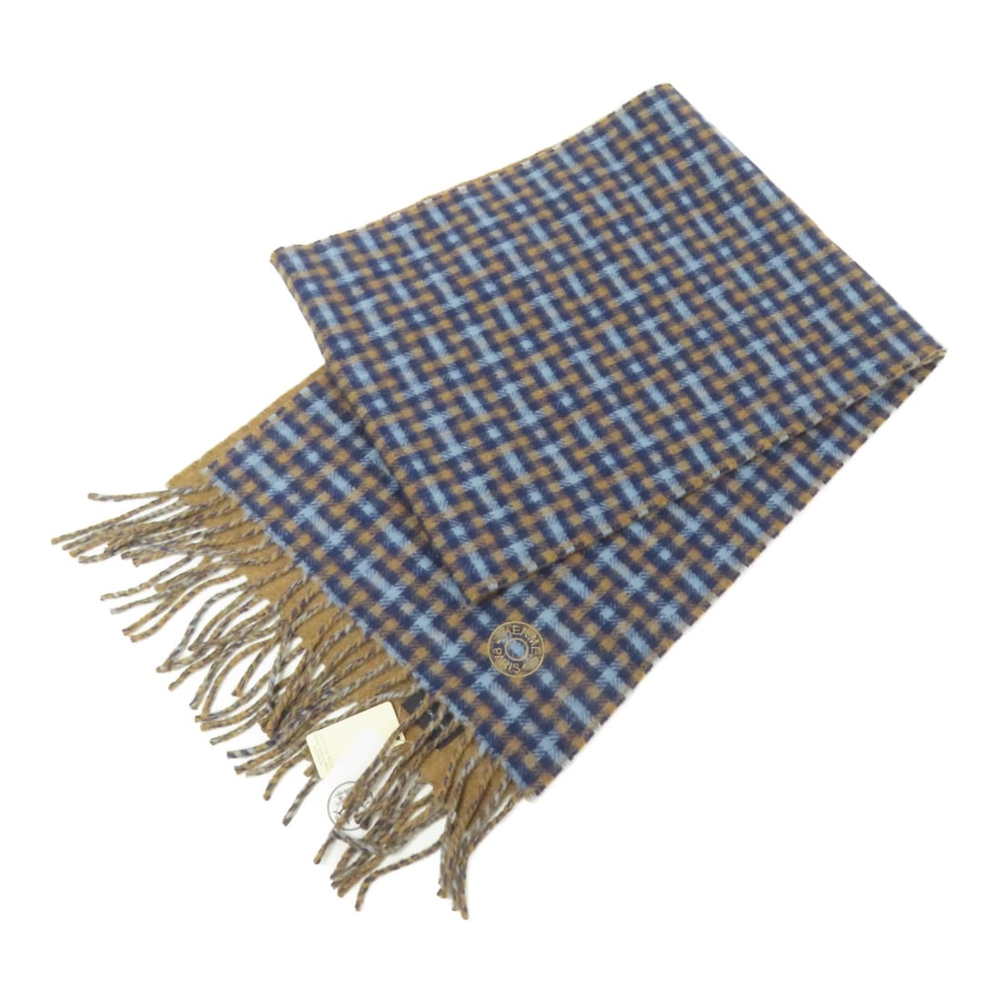 Hermes cashmere mens scarf blue and brown 170cm with box: Hermes cashmere mens scarf blue and brown 170cm with box Hermes muffler scarf in cashmere with a blue and brown colorway. It is a mens regular-size scarf made in France and comes with a storage box. C