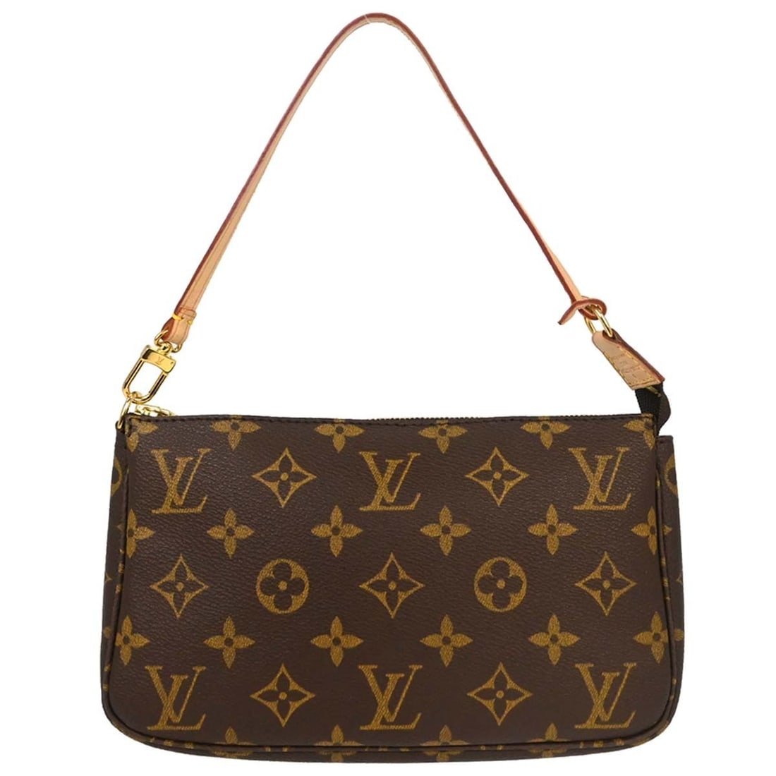 Louis Vuitton Pochette Accessoires Monogram Canvas Pouch M51980: Louis Vuitton Pochette Accessoires Monogram Canvas Pouch M51980 Vintage Louis Vuitton Pochette Accessoires handbag in brown Monogram canvas with leather trim. This small zip-top pouch features a top h