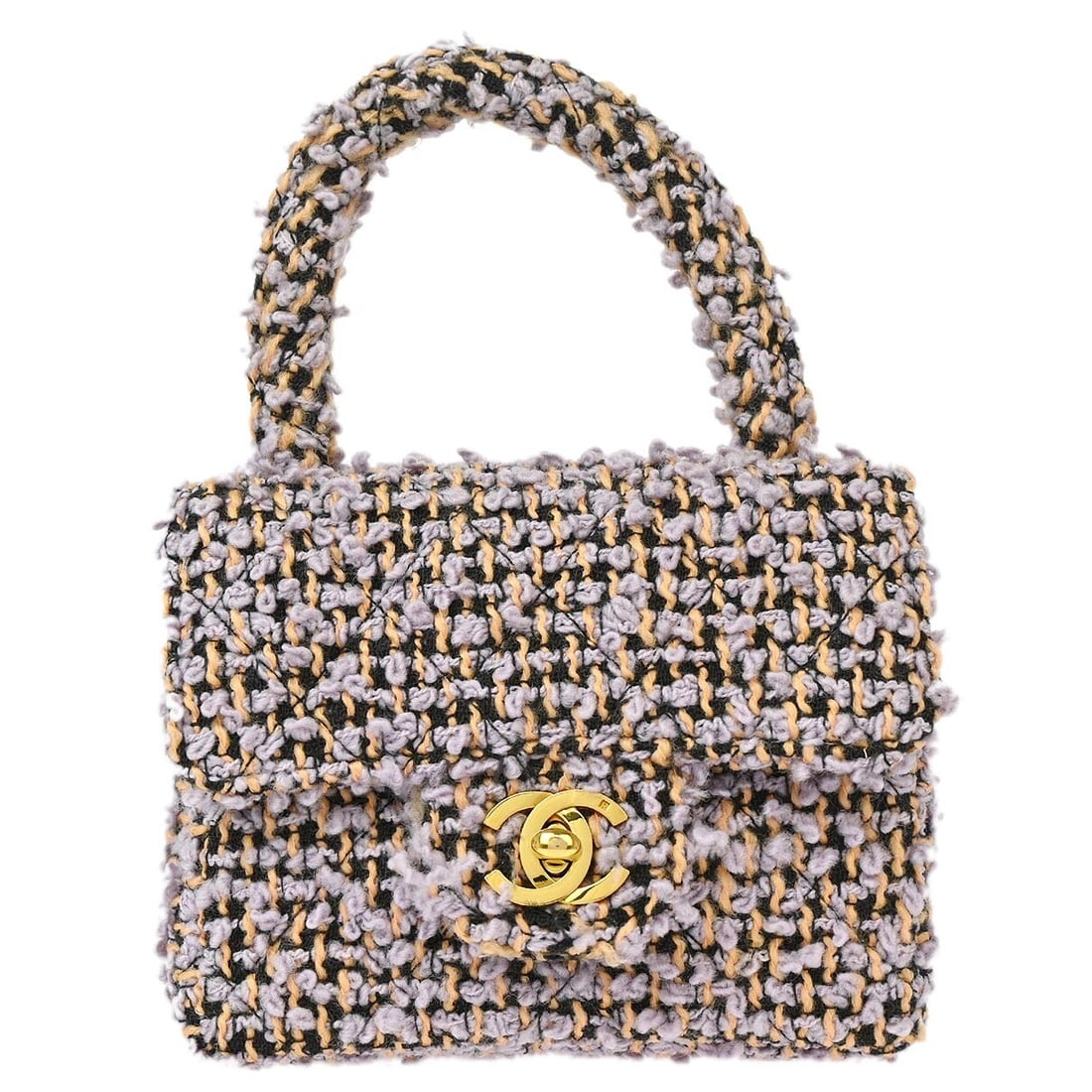 Chanel Mini Square Top Handle Flap Bag Purple Tweed: Chanel Mini Square Top Handle Flap Bag Purple Tweed Chanel Micro Classic Flap handbag in purple tweed with a matelasse quilted design and flap turn-lock closure. This women's top handle bag features a