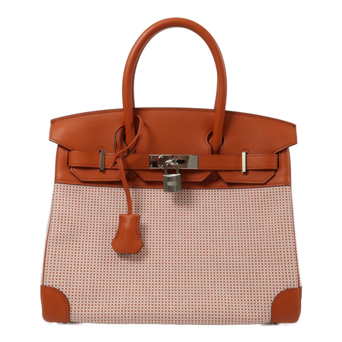 Hermes Birkin 30 Toile Quadrille Handbag Terre Battue PHW: Hermes Birkin 30 Toile Quadrille Handbag Terre Battue PHW A Hermes Birkin 30 handbag in Toile Quadrille canvas with PHW hardware. It features a Terre Battue x Orange colorway, a top handle measuring 2