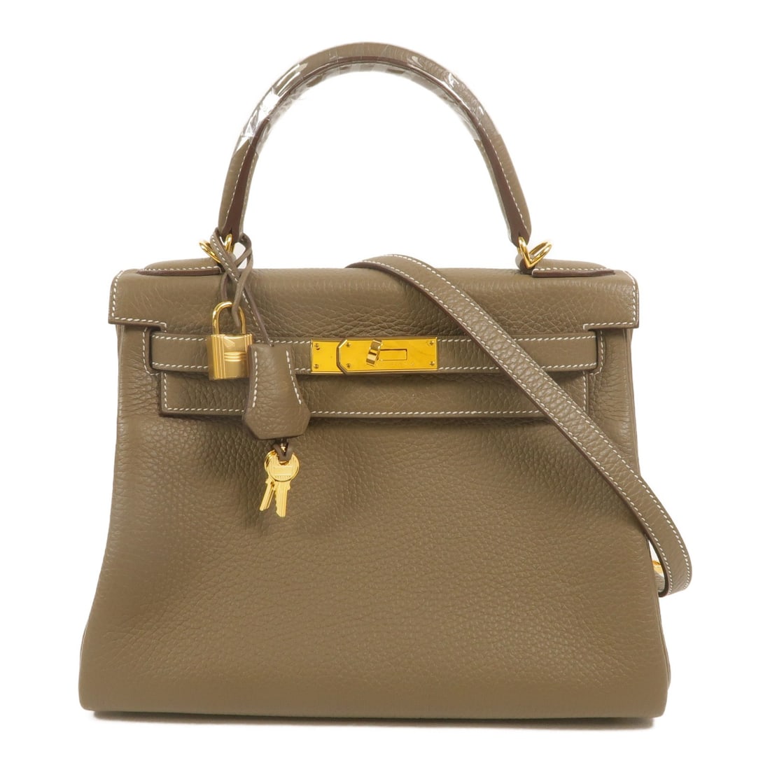 Hermes Kelly 28 Etoupe Togo Leather Shoulder Bag with Strap: Hermes Kelly 28 Etoupe Togo Leather Shoulder Bag with Strap A Hermes Kelly 28 2-way shoulder bag in Togo leather and calfskin (cowhide) with an Etoupe grey colorway. It features belt hardware, a handl