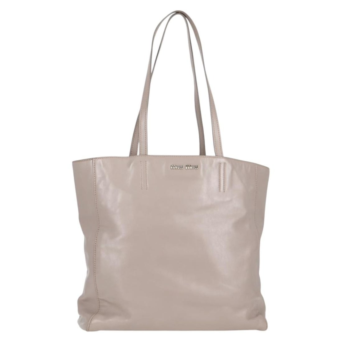 Miu Miu Leather Tote Handbag Silver Light Gray Italy: Miu Miu Leather Tote Handbag Silver Light Gray Italy Miu Miu tote bag crafted in leather with a silver and light gray exterior. Made in Italy, this women's bag has a structured tote silhouette with ap