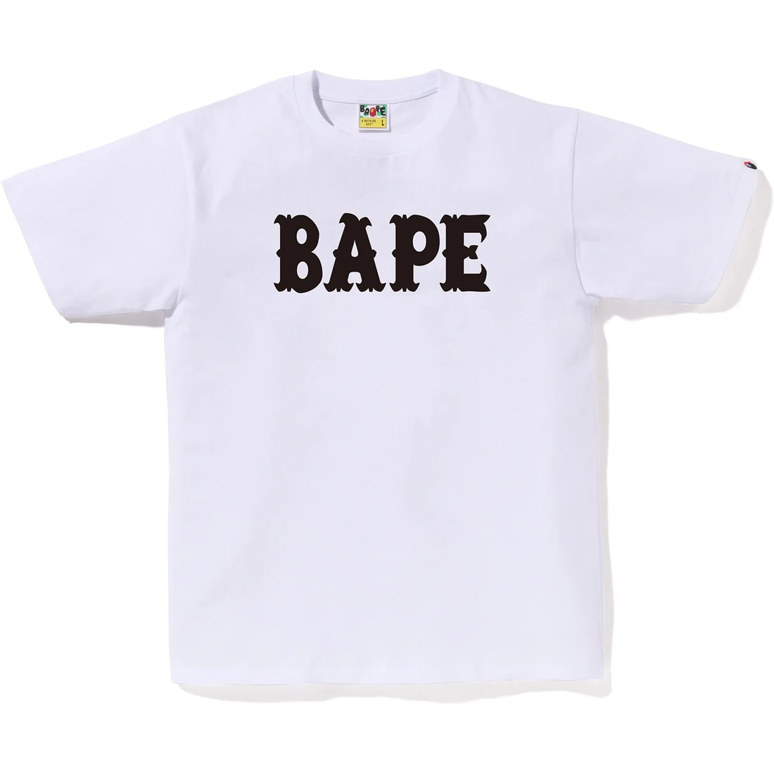 White BAPE Logo T-Shirt by A Bathing Ape Size Large: White BAPE Logo T-Shirt by A Bathing Ape Size Large This A Bathing Ape (BAPE) white T-shirt is crafted from soft, high-quality cotton and features the iconic BAPE logo printed across the chest. The te