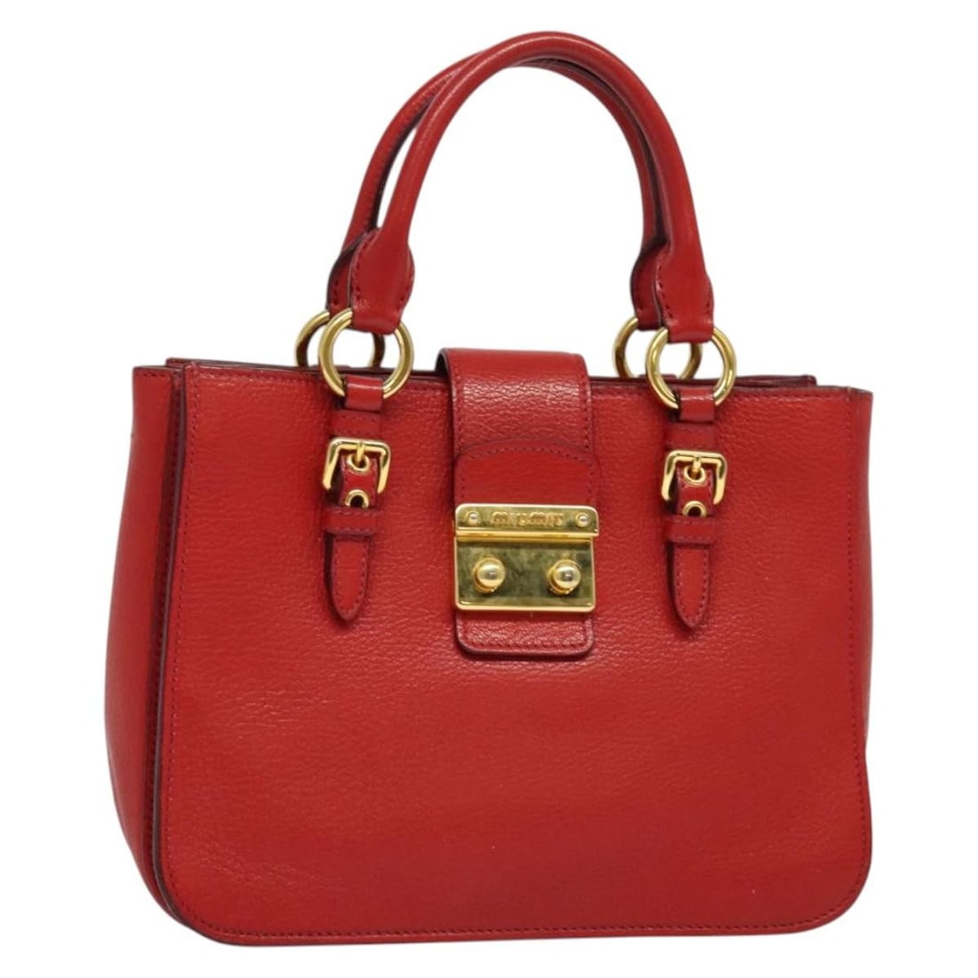 Red and Gold Leather Miu Miu Handbag with Dust Bag: Red and Gold Leather Miu Miu Handbag with Dust Bag This Miu Miu handbag features a red and gold leather exterior with a structured silhouette. Designed for women, it offers a practical size suitable f