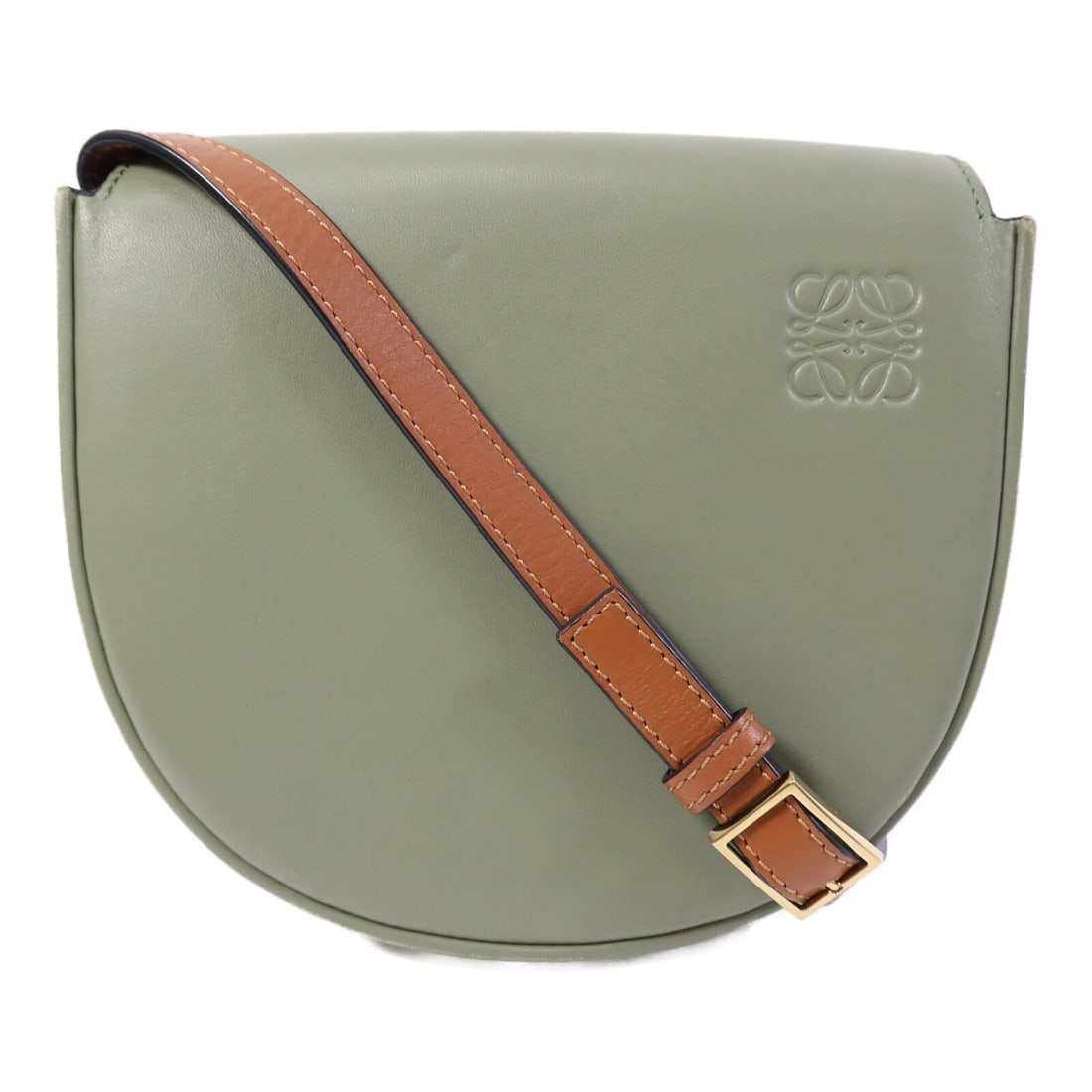 LOEWE Heel Duo Shoulder Bag Green Calfskin Leather: LOEWE Heel Duo Shoulder Bag Green Calfskin Leather This LOEWE Heel Duo shoulder bag is crafted from calfskin leather in green with brown accents and gold-tone hardware. It features a compact structure
