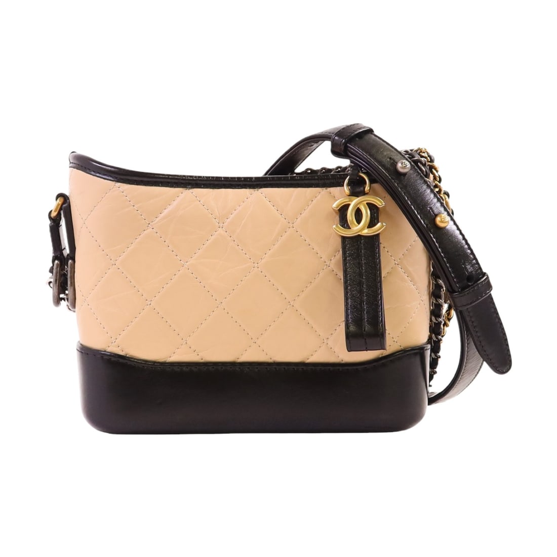 CHANEL Gabrielle Small Shoulder Bag Beige Black Calfskin GHW: CHANEL Gabrielle Small Shoulder Bag Beige Black Calfskin GHW CHANEL Gabrielle Small Chain Shoulder Bag in calfskin leather, presented in beige and black. This women's shoulder bag is made in France an