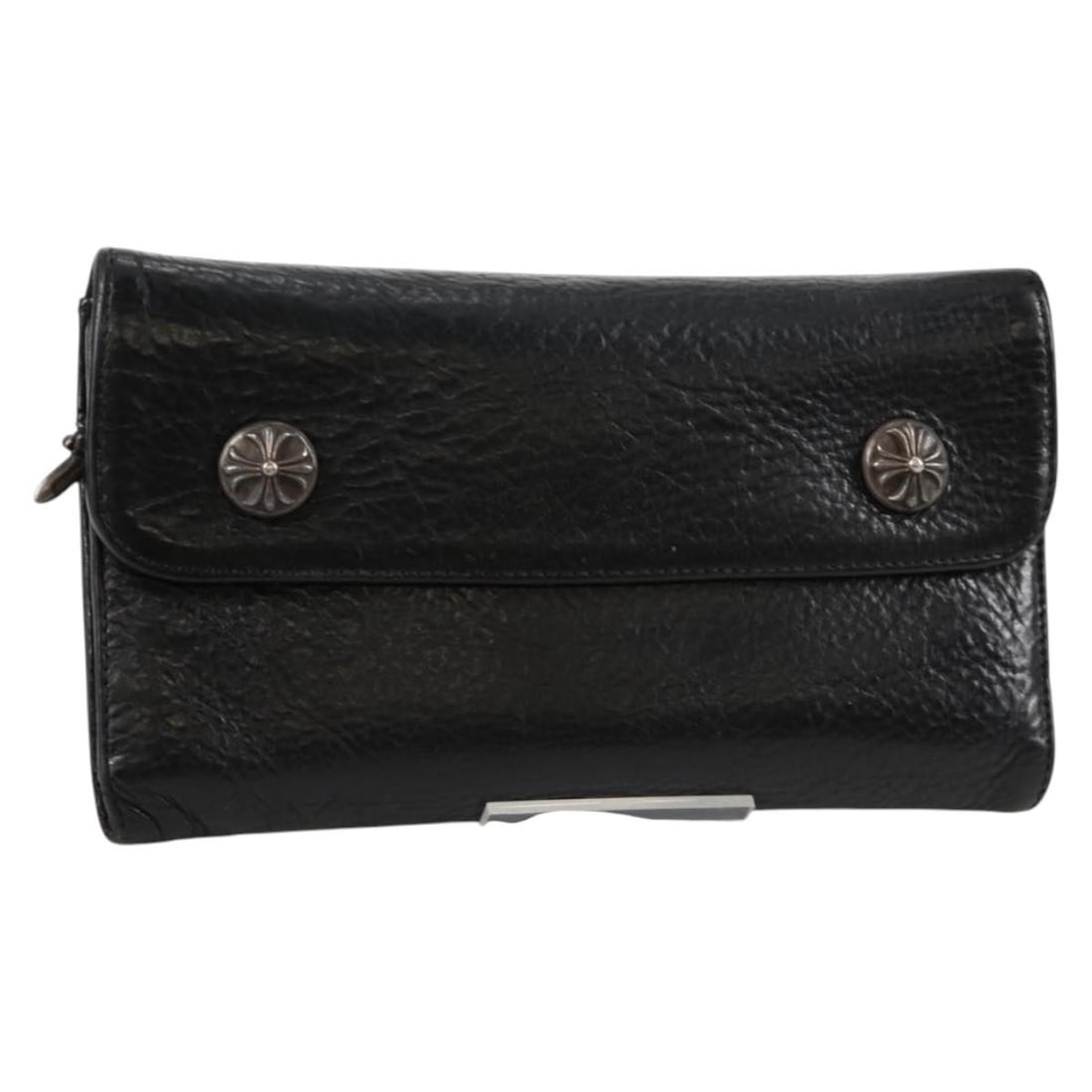 Chrome Hearts Wave long wallet in black leather: Chrome Hearts Wave long wallet in black leather Authentic Chrome Hearts Wave Cross Ball long wallet in black leather. This wallet shows reasonable wear and tear consistent with a B rank condition, inc