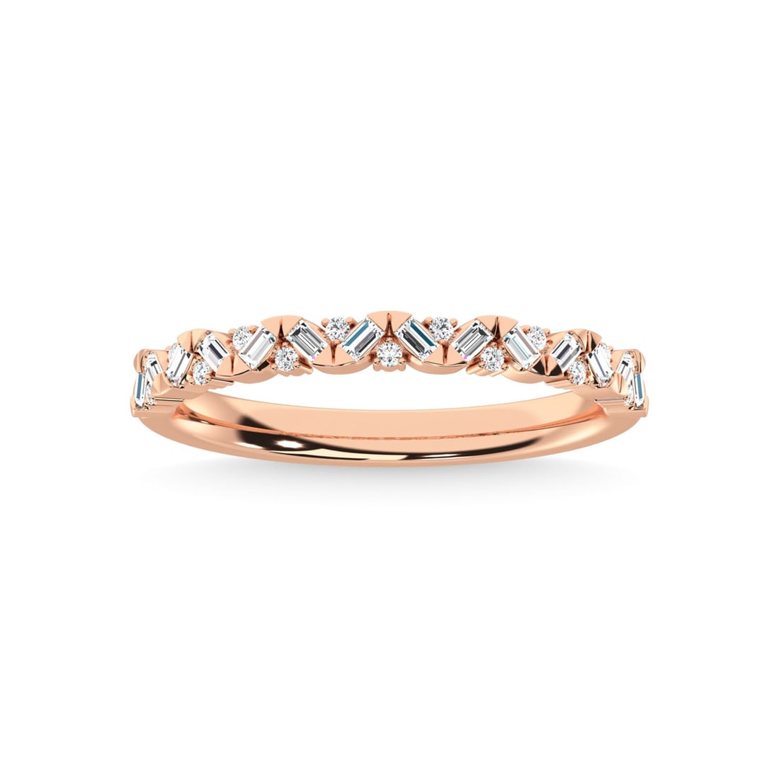 14K Rose Gold Diamond 1/5 Ct.Tw. Stackable Band: 14K Rose Gold Diamond 1/5 Ct.Tw. Stackable Band 14k Rose Gold Stone Color: G-h Stone Clarity: Si3 Each ring is presented in standard size 6.5. Complimentary resizing is available between sizes 510 (in