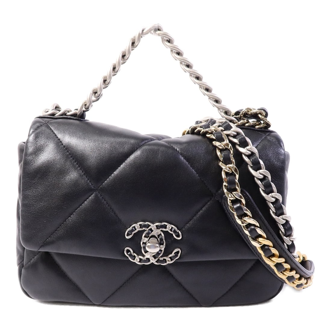 CHANEL AS1160 Chanel 19 Small Lambskin 2 Way Shoulder Bag Black: CHANEL AS1160 Chanel 19 Small Lambskin 2 Way Shoulder Bag Black A CHANEL Chanel 19 Small 2 Way Chain Shoulder Bag in black lambskin (sheep leather). This model AS1160 features a turn lock closure, one