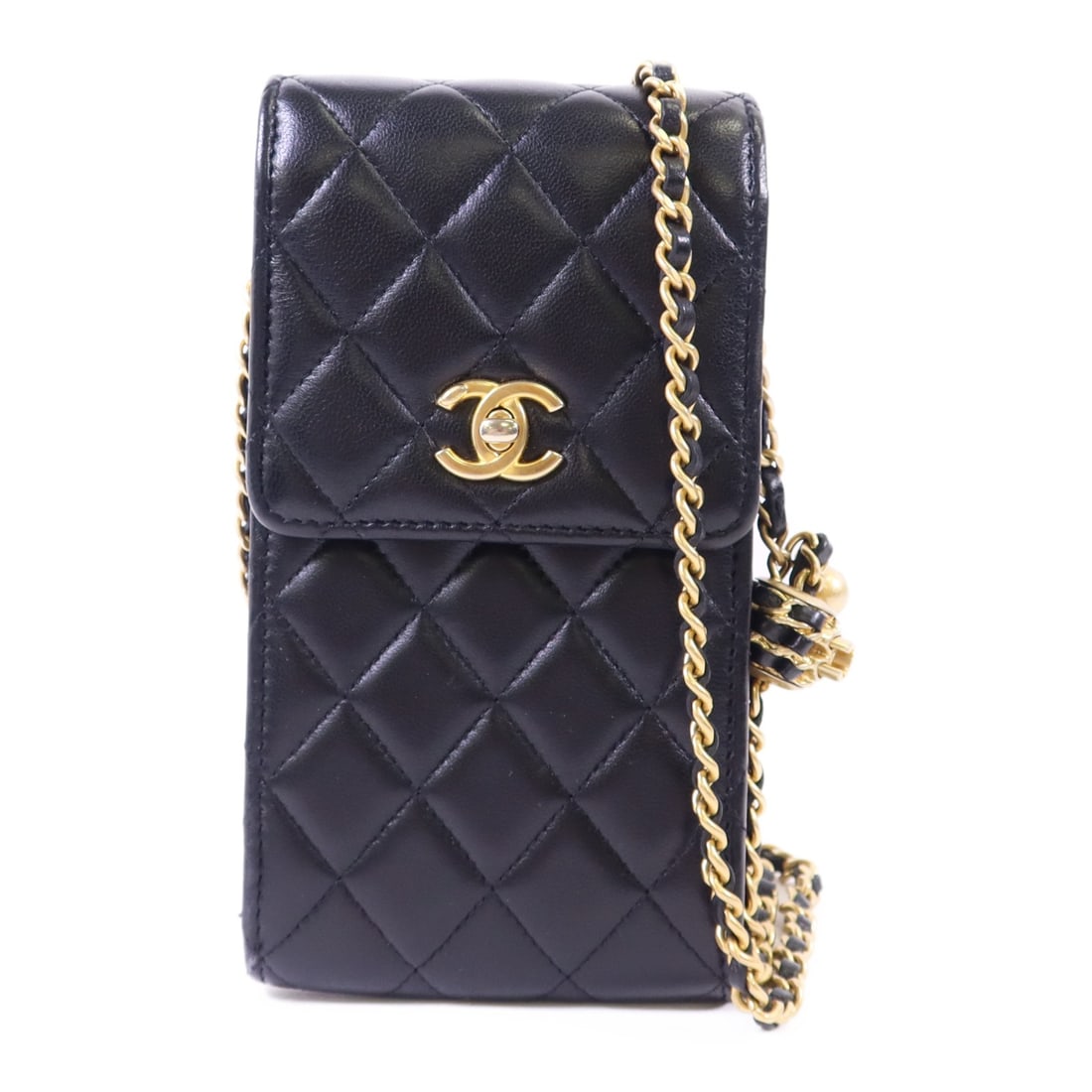 CHANEL CC Lambskin Phone Shoulder Bag Black Gold Ball Chain: CHANEL CC Lambskin Phone Shoulder Bag Black Gold Ball Chain A black CHANEL phone bag shoulder bag made from lambskin (sheep leather), featuring CC hardware with a gold ball chain shoulder strap. It ha