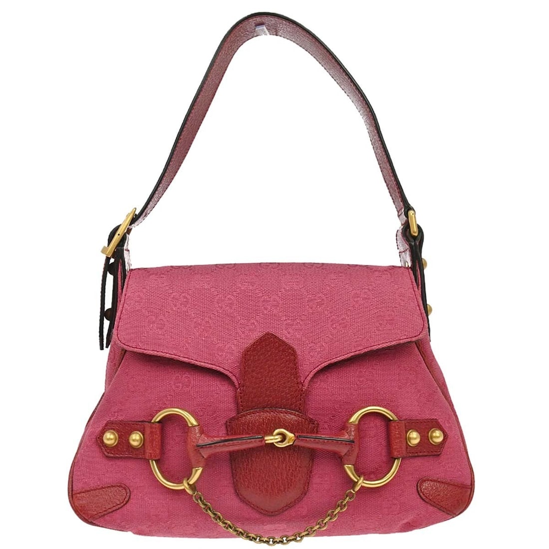 Gucci Horsebit GG Pink Canvas Leather Shoulder Bag Medium: Gucci Horsebit GG Pink Canvas Leather Shoulder Bag Medium Gucci shoulder bag in pink canvas and leather, made in Italy. The bag features the Horsebit GG design and is described as being in very good c