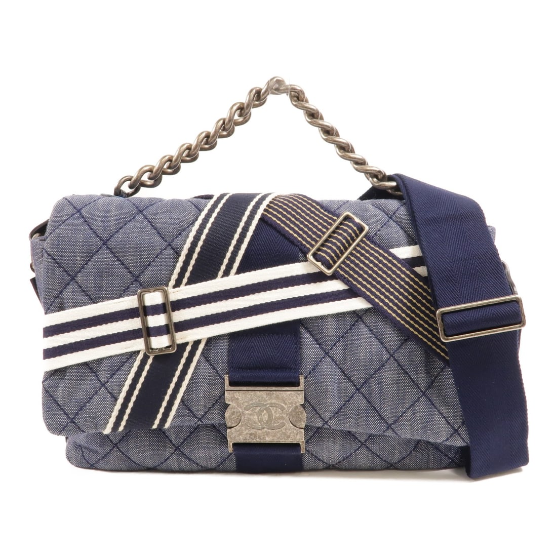 CHANEL CC Airlines Denim 2Way Messenger Shoulder Bag Blue: CHANEL CC Airlines Denim 2Way Messenger Shoulder Bag Blue A CHANEL CC Airlines Buckle Messenger 2Way Shoulder Bag in blue denim, designed for women and presented in very good AB condition. It features