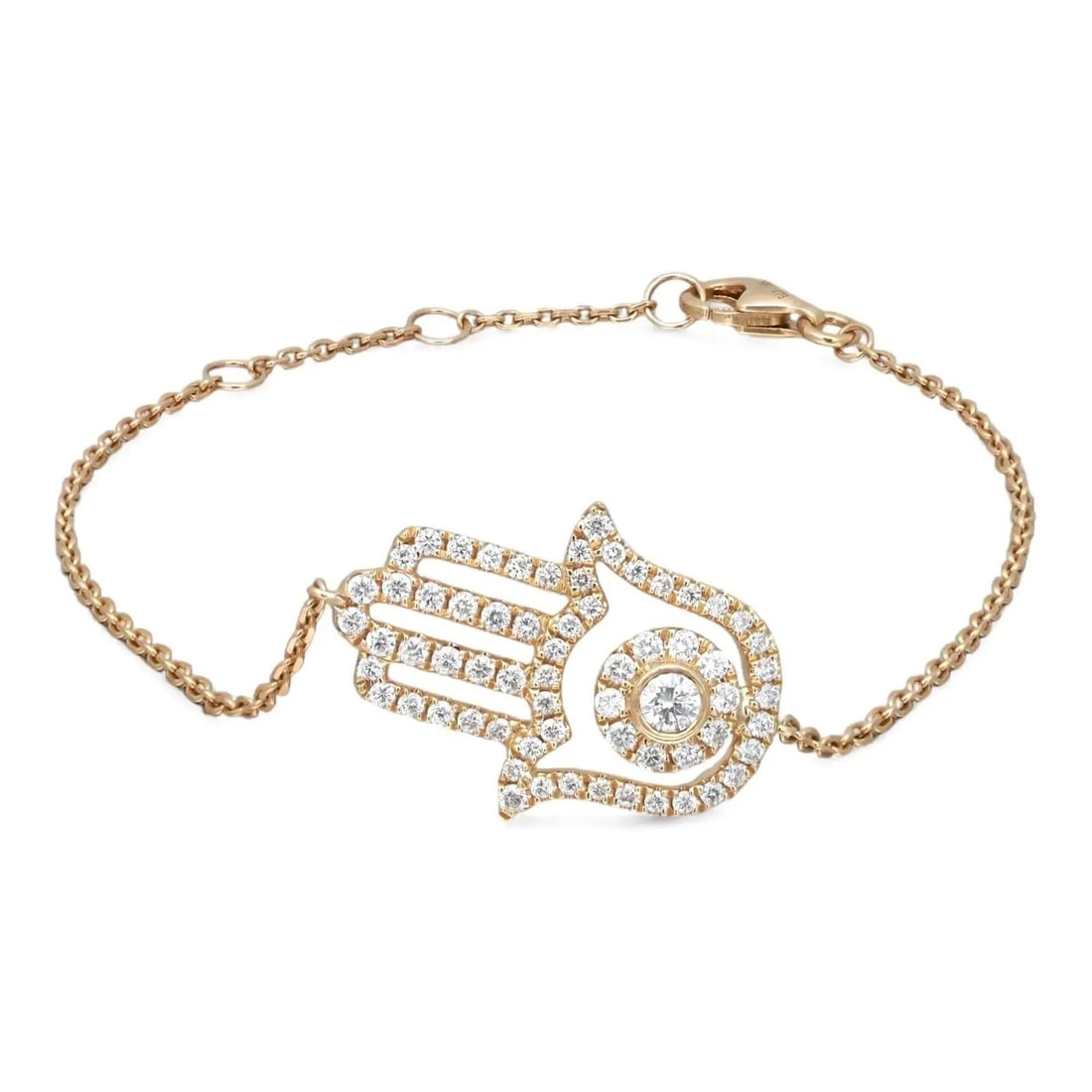 18K Yellow Gold Hamsa Bracelet Rachel Koen 0.55 Ctw Diamonds: 18K Yellow Gold Hamsa Bracelet Rachel Koen 0.55 Ctw Diamonds Pre-owned Rachel Koen Hamsa bracelet crafted in 18k yellow gold with natural round diamonds totaling 0.55 ctw. The design features a bezel-