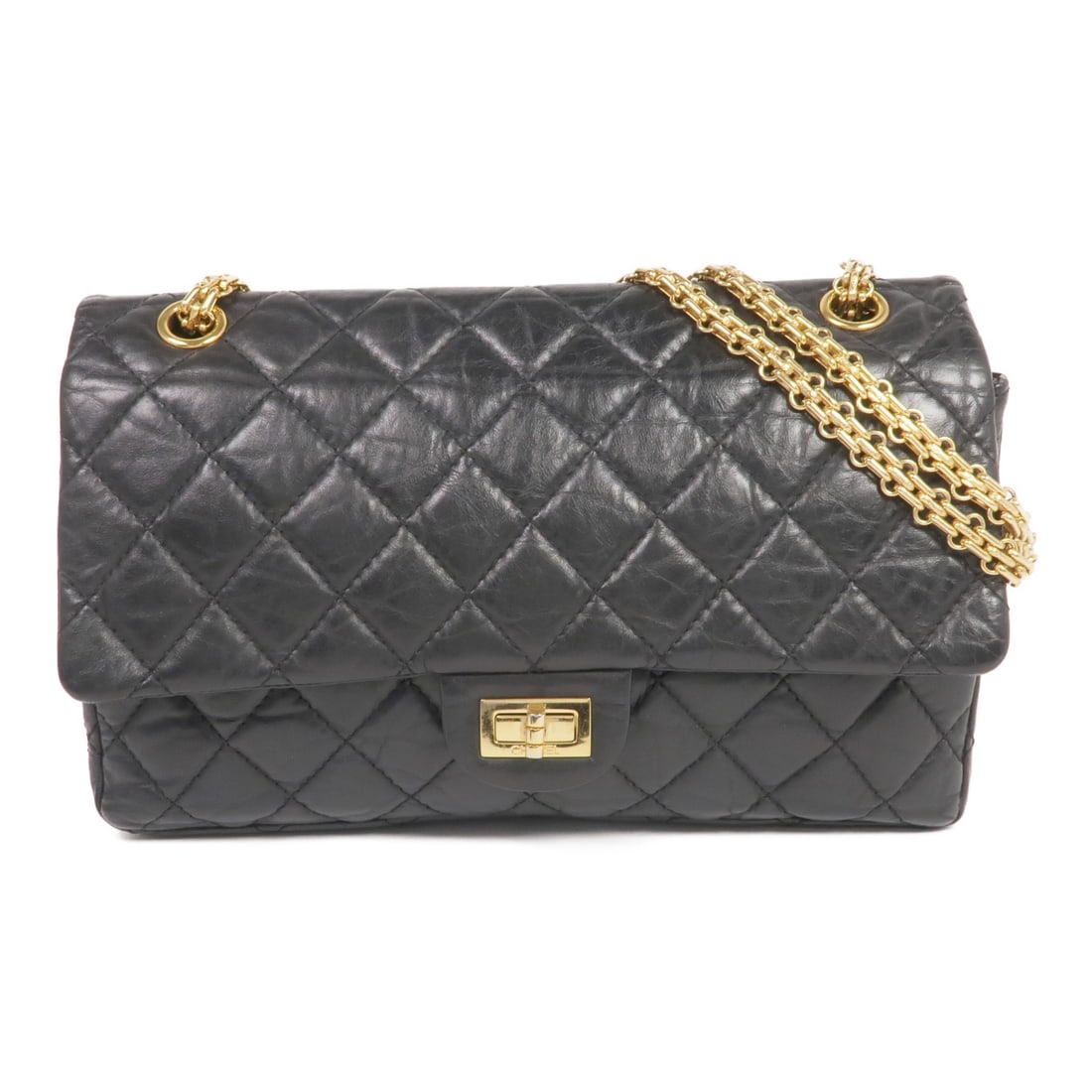 CHANEL 2.55 Medium Shoulder Bag Black Calfskin Leather CC GHW: CHANEL 2.55 Medium Shoulder Bag Black Calfskin Leather CC GHW CHANEL 2.55 medium chain shoulder bag in black calfskin (cowhide) leather with a black frame color and gold-tone hardware. It features a t