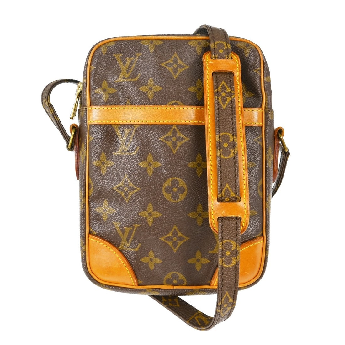 Louis Vuitton Danube Monogram Canvas Crossbody Bag M45266: Louis Vuitton Danube Monogram Canvas Crossbody Bag M45266 Vintage Louis Vuitton Danube shoulder bag in brown Monogram canvas with leather trim and an adjustable crossbody strap. This zip-top bag featu