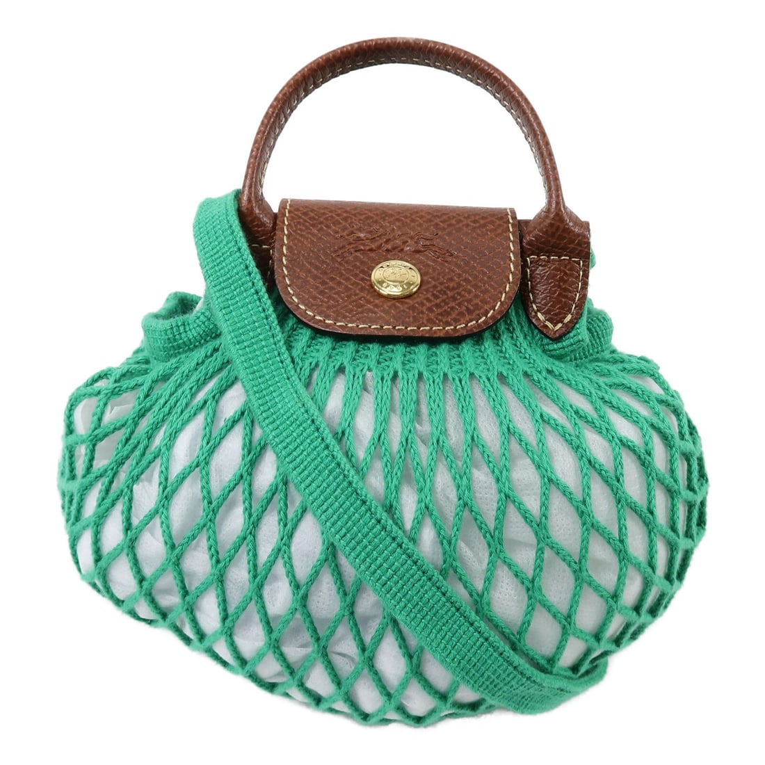 Longchamp Le Pliagr XS Mesh 2 Way Shoulder Bag Green Cotton Leather: Longchamp Le Pliagr XS Mesh 2 Way Shoulder Bag Green Cotton Leather A Longchamp Le Pliage Mesh Bag XS 2 Way Shoulder Bag in green, made from leather and cotton. It features a hook button closure and c