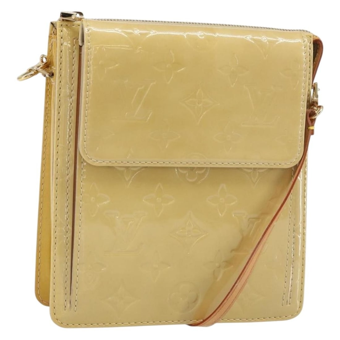 Louis Vuitton Motto Monogram Vernis Accessory Pouch Beige M91136: Louis Vuitton Motto Monogram Vernis Accessory Pouch Beige M91136 Louis Vuitton Monogram Vernis Motto Accessory Pouch in beige patent leather, made in France. This women's pouch includes a shoulder str